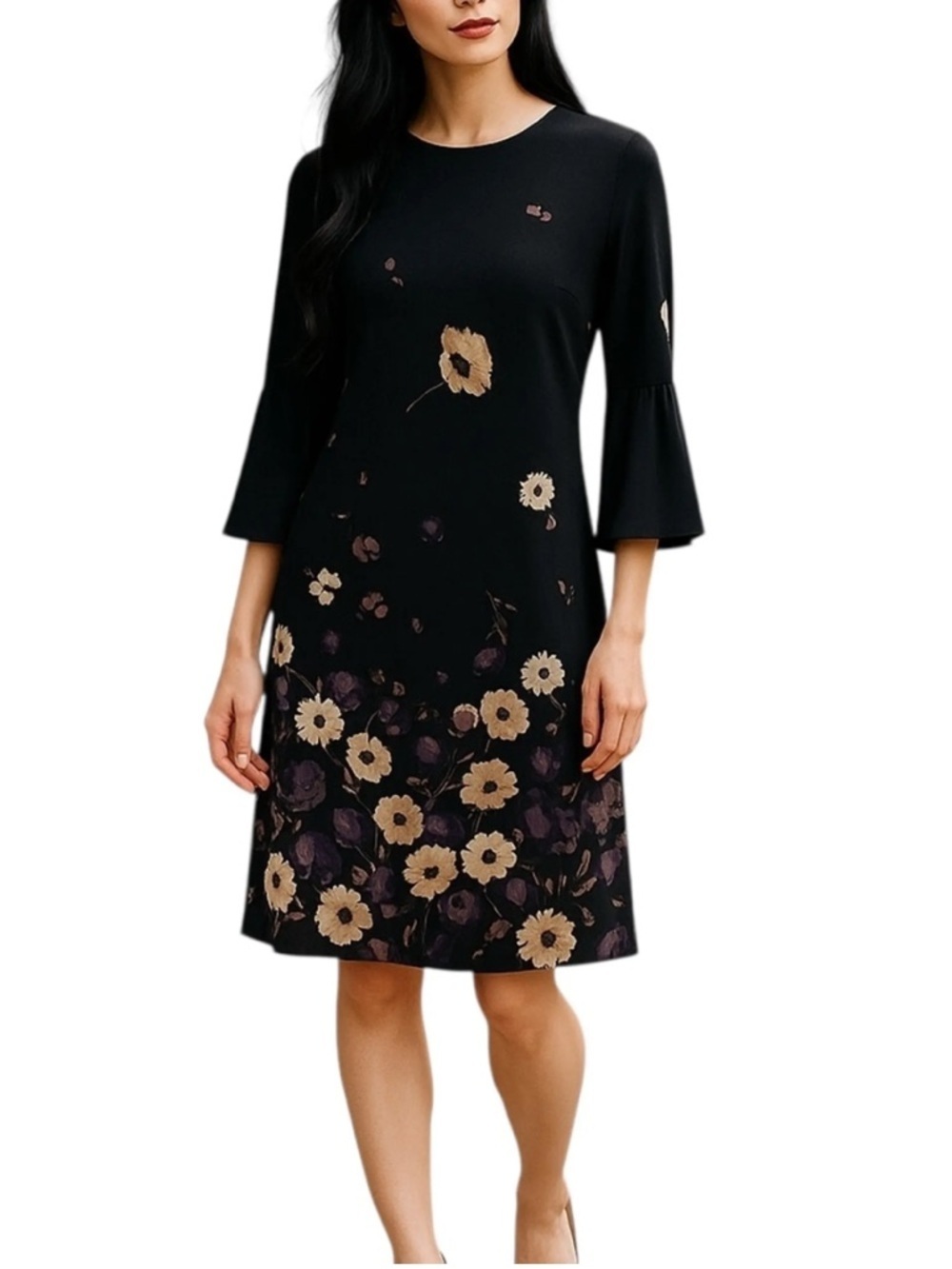NWOT Tommy Hilfiger Black Floral Long Sleeve Shift Dress 3/4 Bell Sleeves (L)
